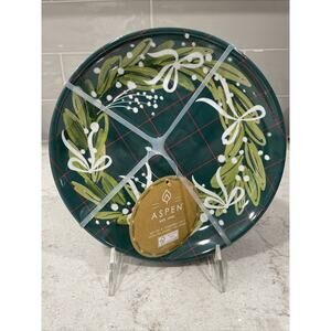Set 4 Aspen 8” Melamine WREATH Salad Plate Christmas Dark Green Checker Plates